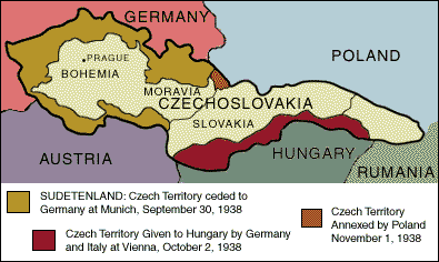 Map of 1938 Czechoslovakia with surrounding nations Germany, Poland, Austria, Hungary, Romania (called on map Rumania)